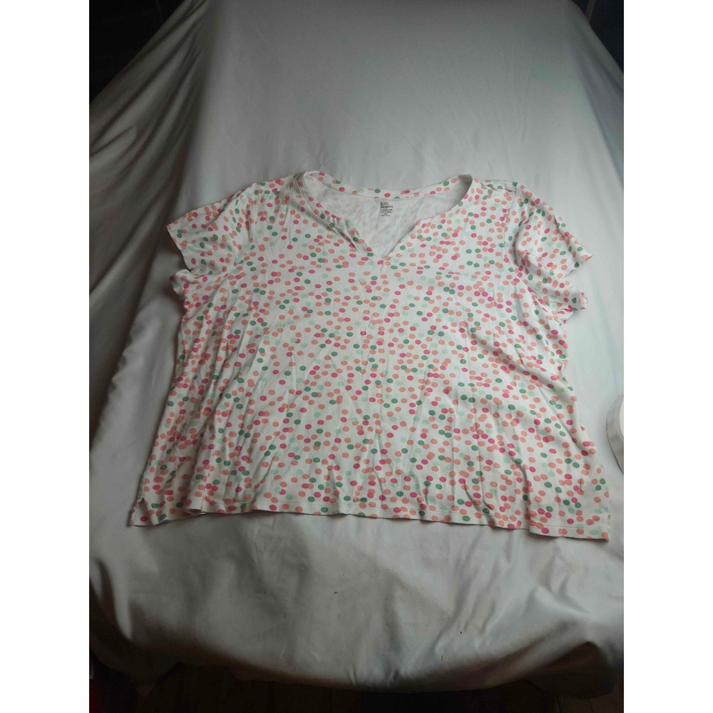 Kim Rogers Perfectly Soft Cotton Polka Dot V-Neck Top Pink Green Womens 2X